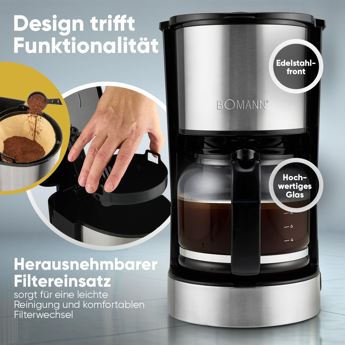 Espresso-Kaffeemaschine mit Bomann®-Filter | für 12-14 Tassen | Kaffee-Espressomaschine mit Filter | Edelstahlgehäuse | Anti-Tropf | Espresso | Kaffee-Espressomaschine mit Filter | 800W | KA 6071 CB