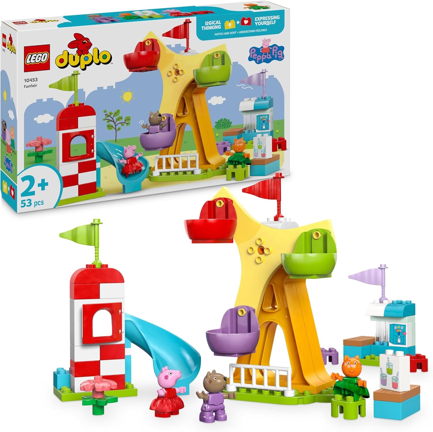 LEGO DUPLO Peppa Wutz Kirmes – Kinderspielzeug und Motorikspielzeug ab 2 Jahren – Vorschulspiele mit Riesenrad, Rutsche und 3 Figuren inklusive Mollie Kitty und Klausi Kläff – Geschenk für Kinder 10453 Bausets Besuche den LEGO-Store Standardtitel