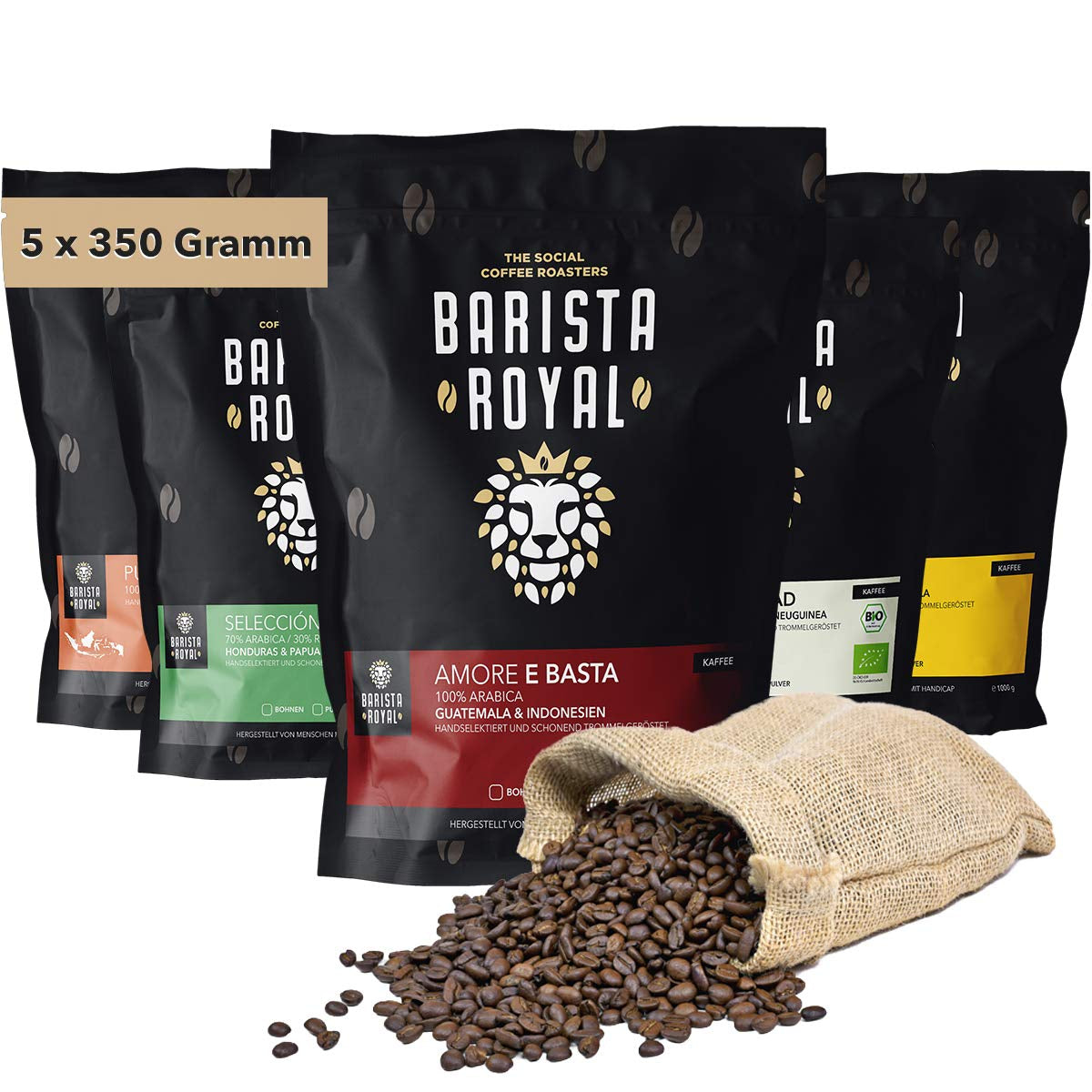 Ganze Bohnenkaffee-Probierset 5 x 350g | Entdeckungspaket Kaffeebohnen im Geschenkset | Arabisch | Fairer Handel | Vegan | Ideal für automatische Espressomaschinen, Filter-Espressomaschinen, Pour-Over-Espressomaschinen und French Press | KÖNIGLICHER BARISTA