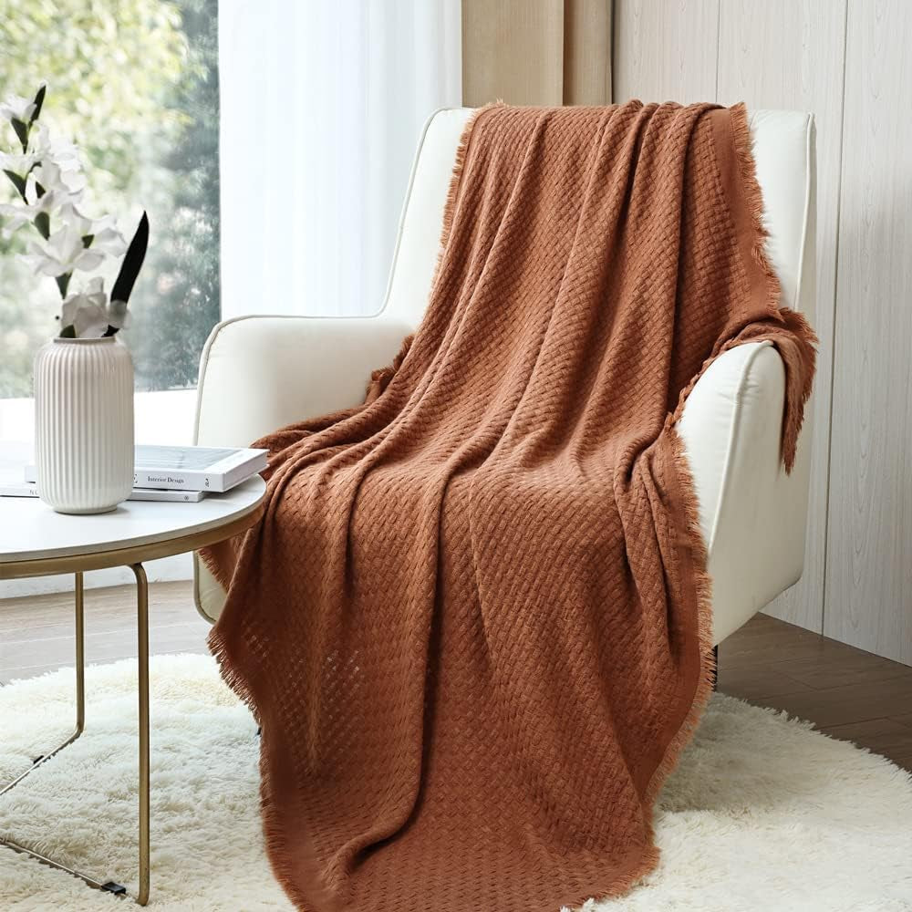 CREVENT Rost-Strickdecke für Couch, Couch, Stuhl, Bett, Heimdekoration, weich, warm, gemütlich, leicht, Frühling, Sommer, Herbst (127,8 x 152,4 cm, Karamell/Braun/Gebranntes Orange). CREVENT Karamell-Waffelbetten und -decken