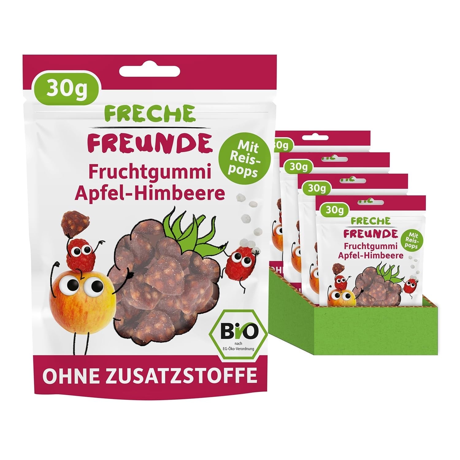 FRECHE FREUNDE Bio-Fruchtgelees, Apfel-, Himbeer- und Reislutscher, fruchtig-süßer Snack für Kinder, glutenfrei, vegan, 20er Pack (20 x 30 g)