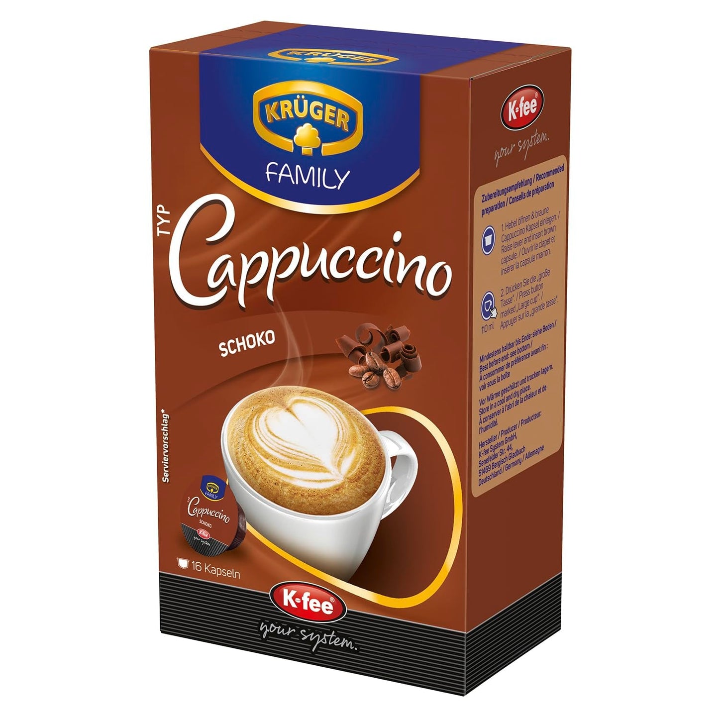 KRÜGER Cappuccino Schoko Kaffeekapseln, kompatibel mit K-fee und ALDI EXPRESSI* Kapselmaschinen, aromatisierter Instantkaffee, 96 Kapseln