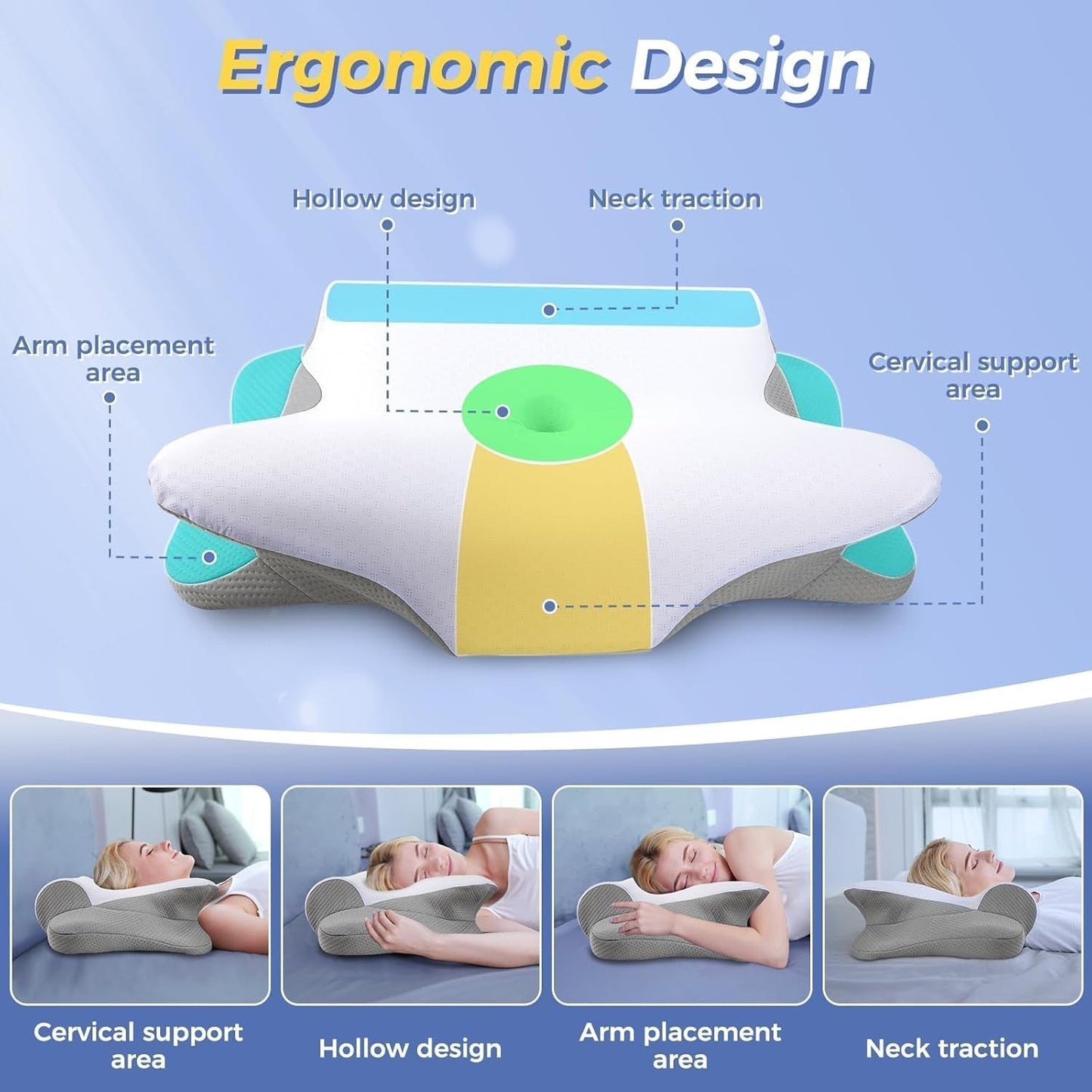 SAHEYER Nackenkissen 2 in 1, ergonomisches Nackenstützkissen und Nackenrollenkissen, orthopädisches Kissen für Seitenschläfer, Memory-Schaum-Kissen für Seitenschläfer, Rücken und Bauch, orthopädische Nackenkissen, Naty Shop