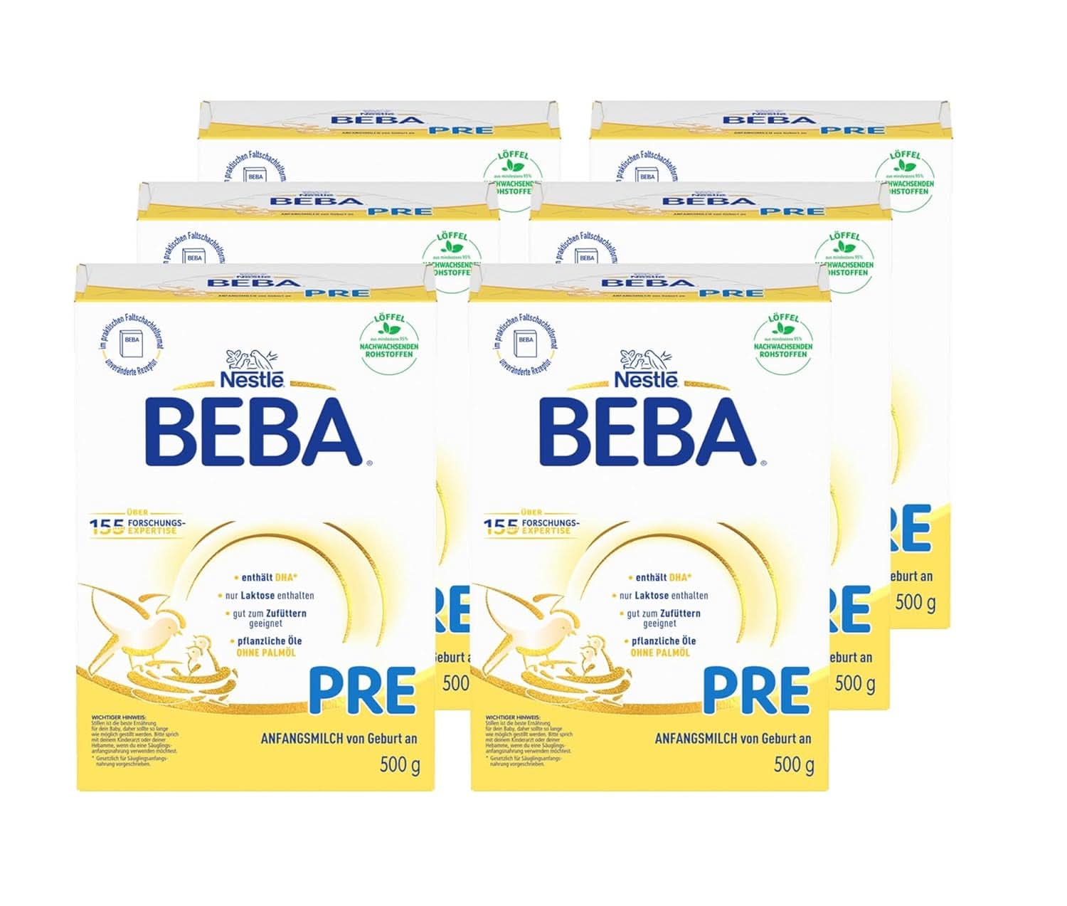 BEBA PRE Anfangsmilch von Geburt an, Babynahrung mit DHA, nur Laktose, ohne Palmöl, Packung 3 (3 x 800 g) Naty Shop PRE, Set 6 x 500 Gramm 6 x 500 Gramm