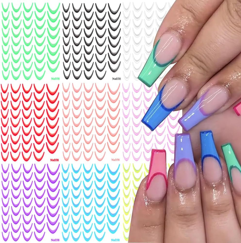 9 Farben französische Nagelaufkleber, französische Nagelaufkleber, selbstklebende Nagelfolie, französische Nägel, Farbverlaufsaufkleber, französische Nagelaufkleber, Nagelkunst, Nageldesign-Aufkleber, Nagelzubehör
