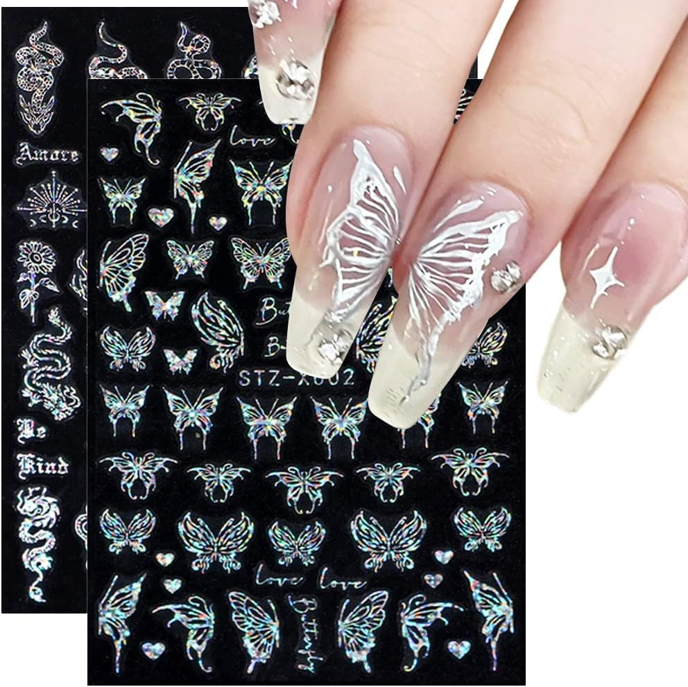 6 Blatt Schmetterling Nagelsticker Selbstklebend Laser Silber Schmetterlings Nagelaufkleber 3D Aurora Silber Schwarz Schmetterlinge Nagel Aufkleber Frühling Nageldesign Nail Sticker Nail Art Zubehör