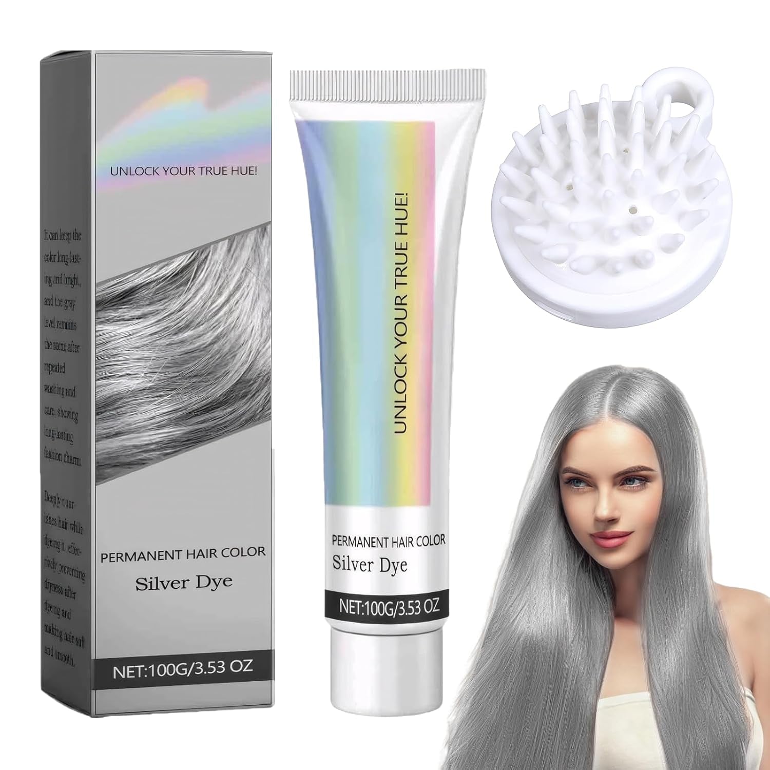 Haarfärbemittel Grau Silber Naturhaarfärbecreme Silbergrau, Grauhaarfärbecreme Silbergrau, Silbergrau Naturhaarfärbecreme Graue Haarfärbecreme für alle Haartypen mit 1 Kopfhautmassagegerät (100 ml) Naty Shop Haarfärbe-Standardtitel