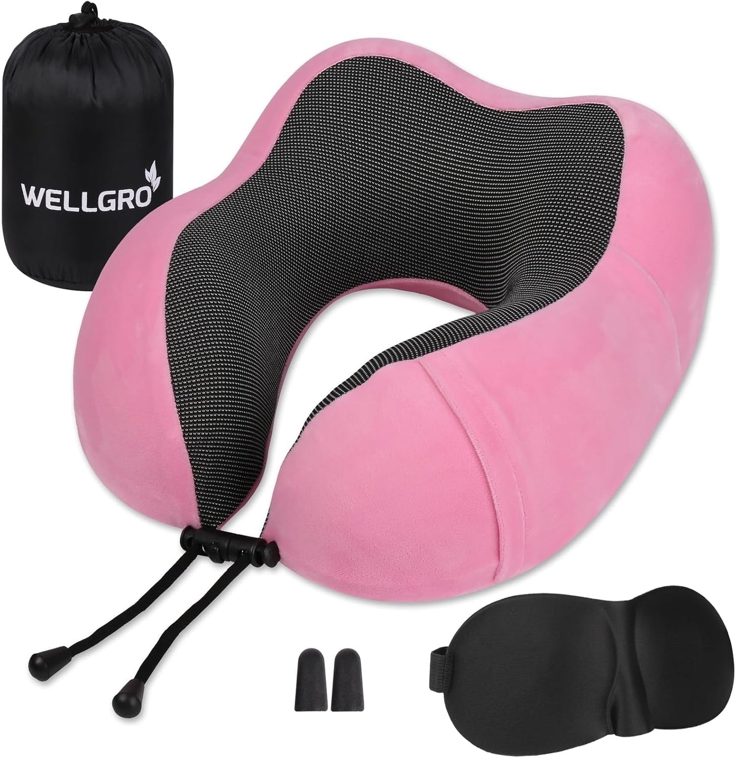 WELLGRO Nackenkissen-Set mit 3D-Schlafmaske und Ohrstöpseln – abnehmbarer Bezug – Memory-Schaum – Reißverschluss – inklusive Aufbewahrungstasche – Reisekissen – Farbe wählbar, Farbe: Grau. Naty Shop rosa orthopädische Nackenkissen