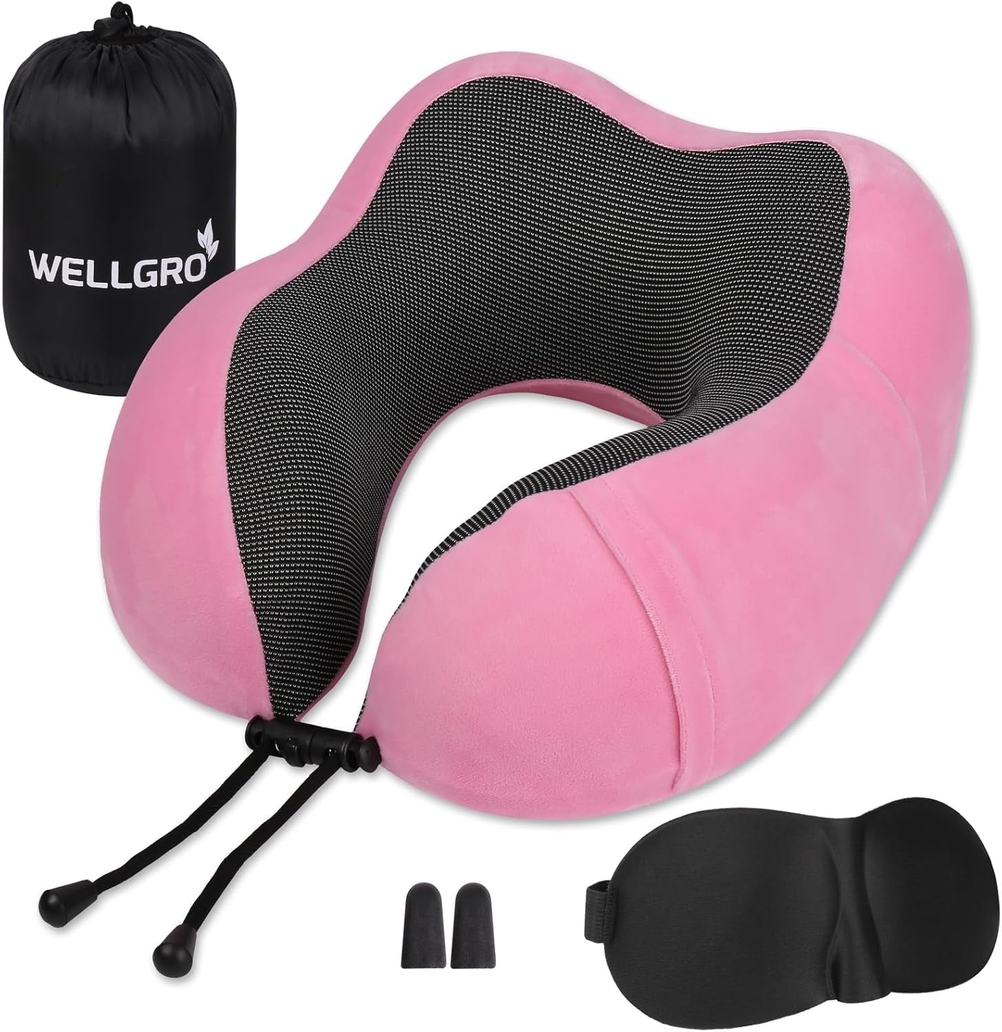 WELLGRO Nackenkissen-Set mit 3D-Schlafmaske und Ohrstöpseln – abnehmbarer Bezug – Memory-Schaum – Reißverschluss – inklusive Aufbewahrungstasche – Reisekissen – Farbe wählbar, Farbe: Grau. Naty Shop rosa orthopädische Nackenkissen