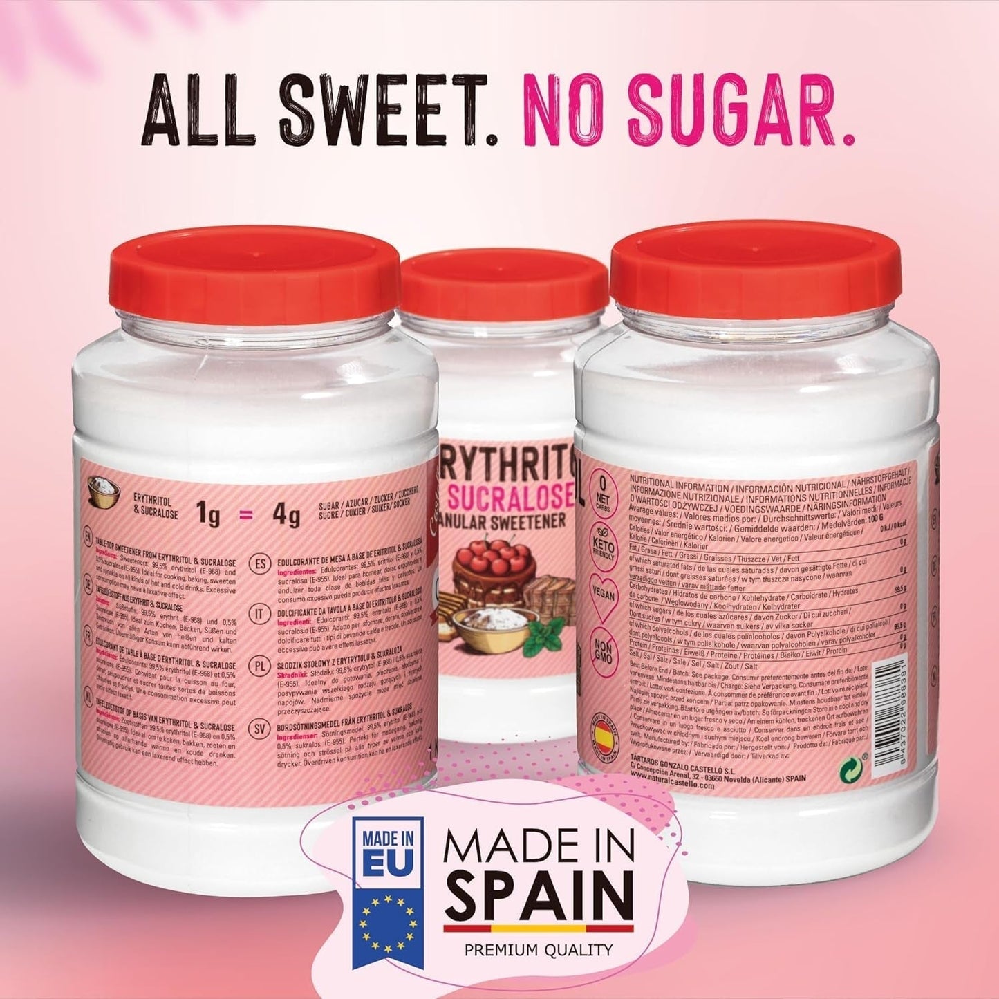 Erythrit + Sucralose 1:4 Süßstoff | 1G = 4G Zucker | 0 Netto-Kohlenhydrate – 0 Kalorien – 0 Glykämischer Index – Keto – Kein GVO – Castello seit 1907 – 1 kg Süßstoffe Naty Shop
