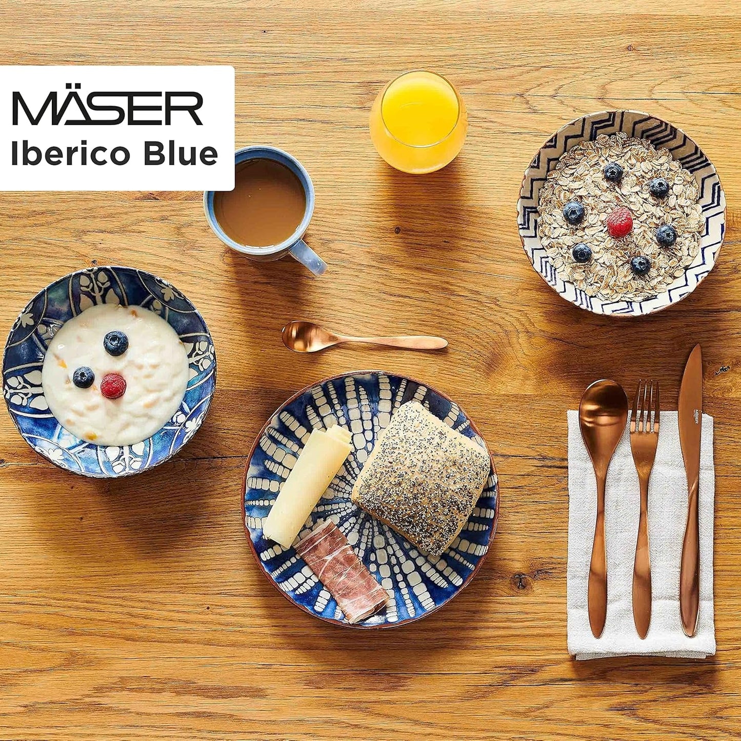 MÄSER 934017 Iberico Blue Tafelservice für 4 Personen, 12-teilig, maurischer Stil, verschiedene Vintage-Designs in Weiß und Blau, Keramik
