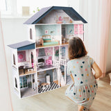 Deqube Puppenhaus aus Holz, 4 Etagen, Puppenhaus mit unterschiedlicher und ordentlicher Dekoration in jedem Raum, mit 17 Zubehörteilen – Größe 135 x 36 x 128 cm (913D00016) Naty Shop Puppenhäuser