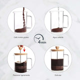 Französische Kaffeemaschine, Kaffeepresse, Kolbenkaffeemaschine, französische Filterkaffeekanne, 3 Tassen, 0,35 l, Stahl und Holz