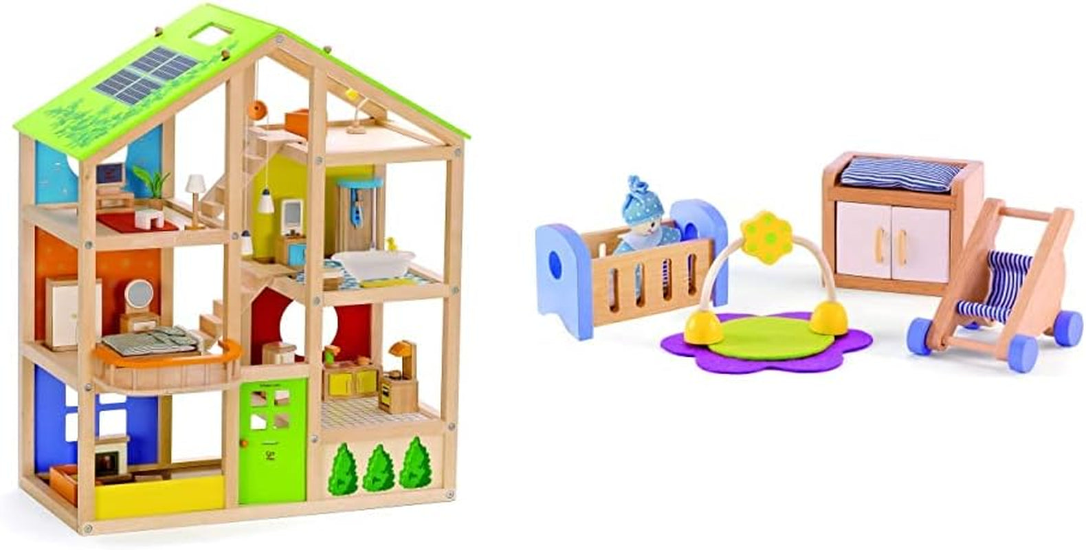 E3401 – Vier-Jahreszeiten-Haus (möbliert), Puppenhaus mit Zubehör, aus Holz und E3459 – Babyzimmer