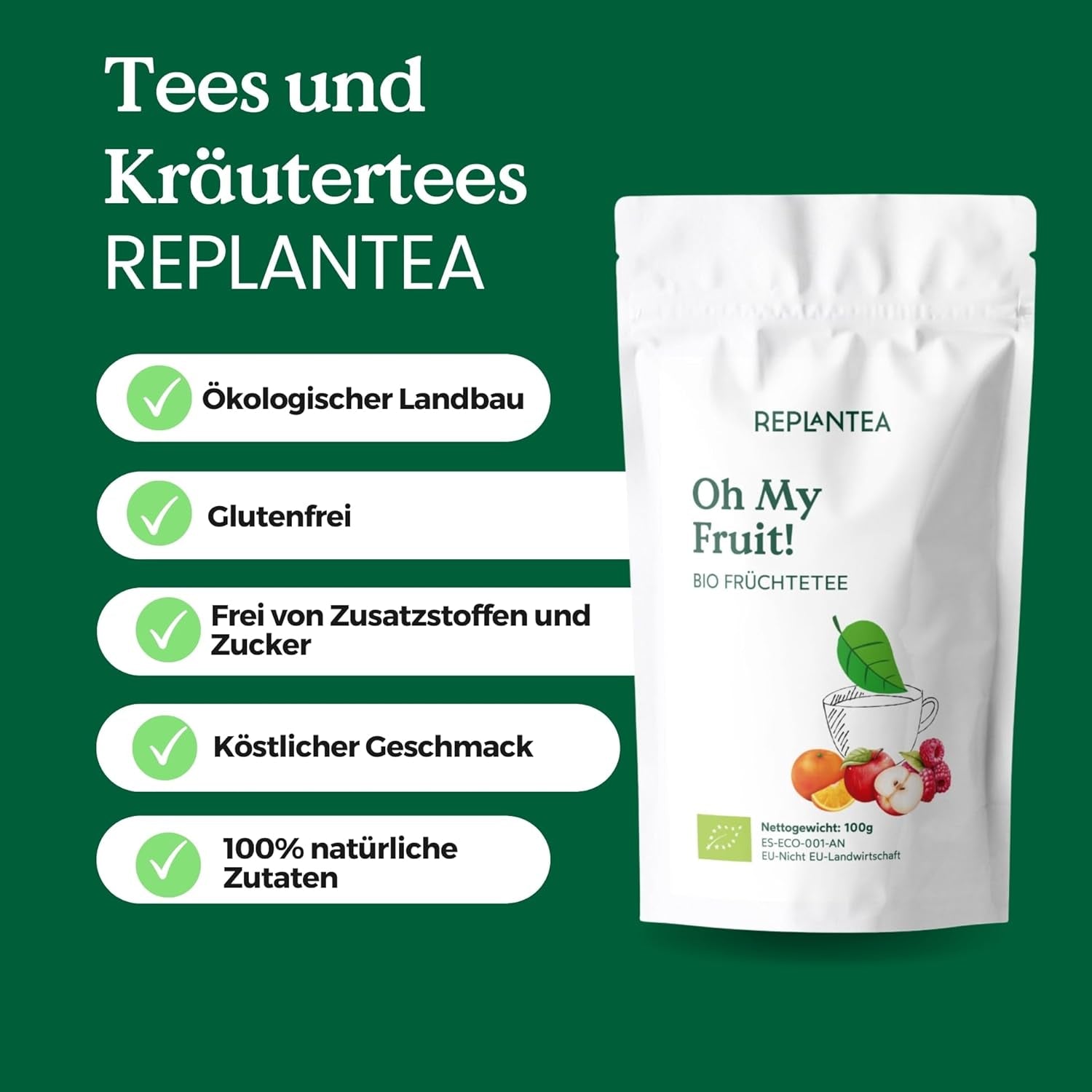 Oh My Fruit BIO Früchtetee 100 g (50 Tassen) | Loser Früchtetee mit Äpfeln, Hibiskus, Himbeeren, Orangen und Steviablättern REPLANTEA