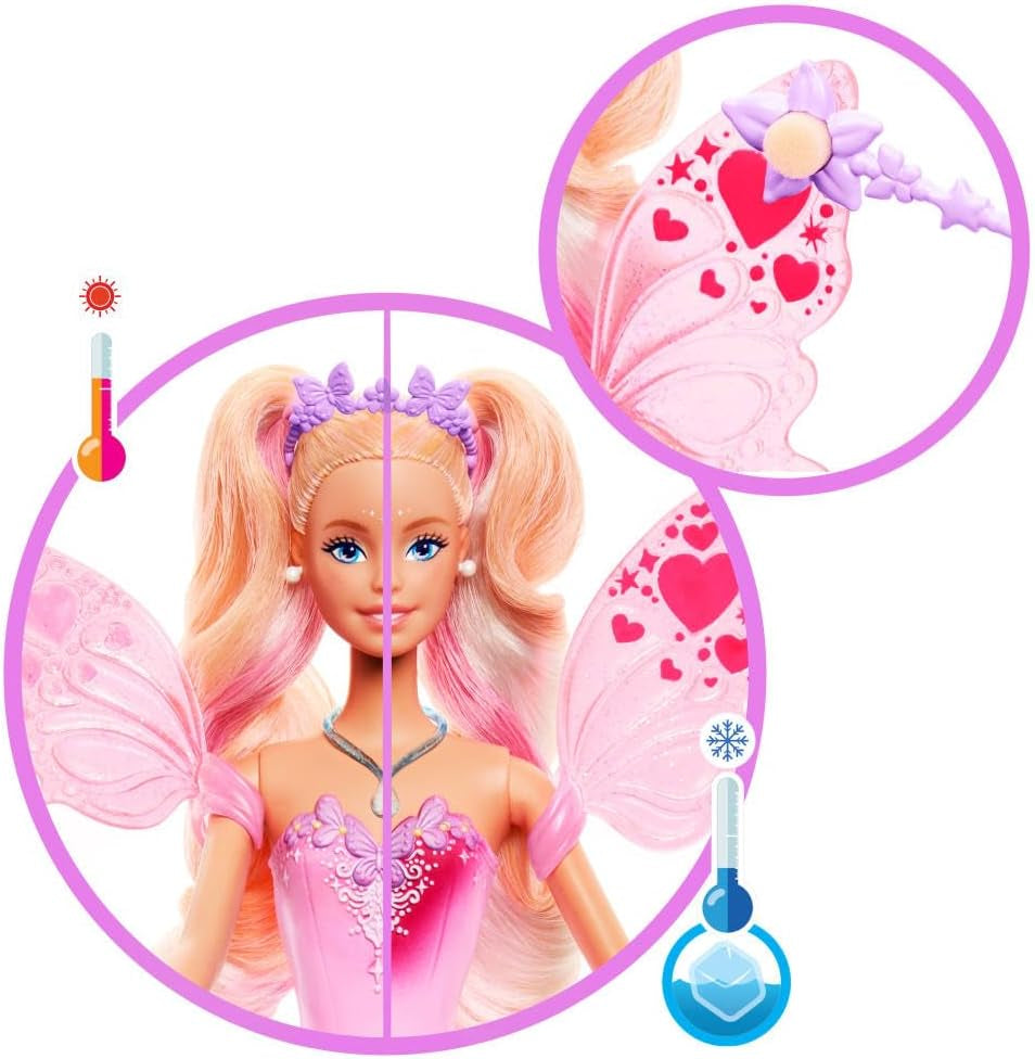 Mattel Barbie-Puppe mit Zauberstab und Modeaccessoires, Fantasy-Thema mit Flügeln und Farbwechsel-Outfit, JCP76, [Mehrfarbig]