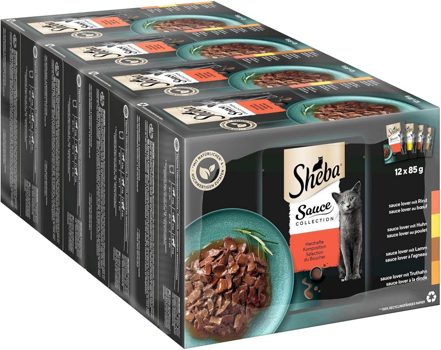 Sheba Sauce Collection Nassfutter für Katzen, Portionsbeutel, salziges Multipack, 4x12x85g