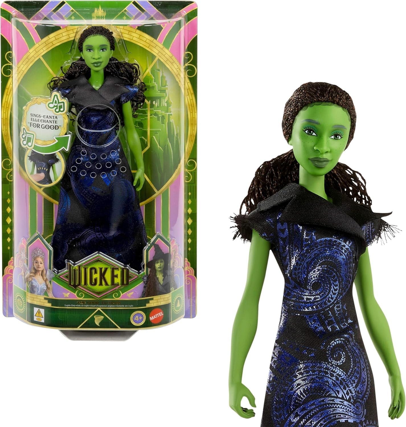 Mattel Wicked: Die for Good singende Elphaba-Modepuppe von Universal Pictures mit abnehmbarem, vom Film inspiriertem Outfit singt „for Good“ auf Englisch, JFM09