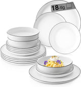 SANGER | Marlo Geschirrset mit schwarzem und weißem Rand, 18-teiliges Porzellangeschirrset für 6 Personen, Weiß mit schwarzen Akzenten, Speiseteller, Dessertteller und Schüsseln, modernes Design | DIE PREMIUM-KOLLEKTION