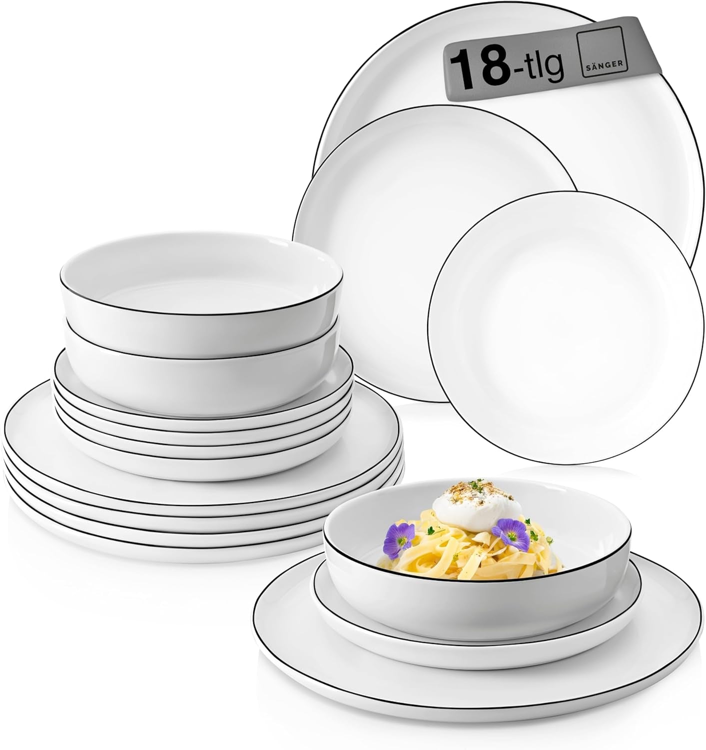SANGER | Marlo Geschirrset mit schwarzem und weißem Rand, 18-teiliges Porzellangeschirrset für 6 Personen, Weiß mit schwarzen Akzenten, Speiseteller, Dessertteller und Schüsseln, modernes Design | DIE PREMIUM-KOLLEKTION