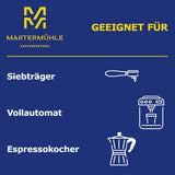 Espressobohnen Martermühle Cioccolato 500g Stark | Arabica/Robusta | Geschmacksrichtungen: Macadamianüsse, Milchschokolade | Hell geröstete ganze Espressobohnen, geringer Säuregehalt