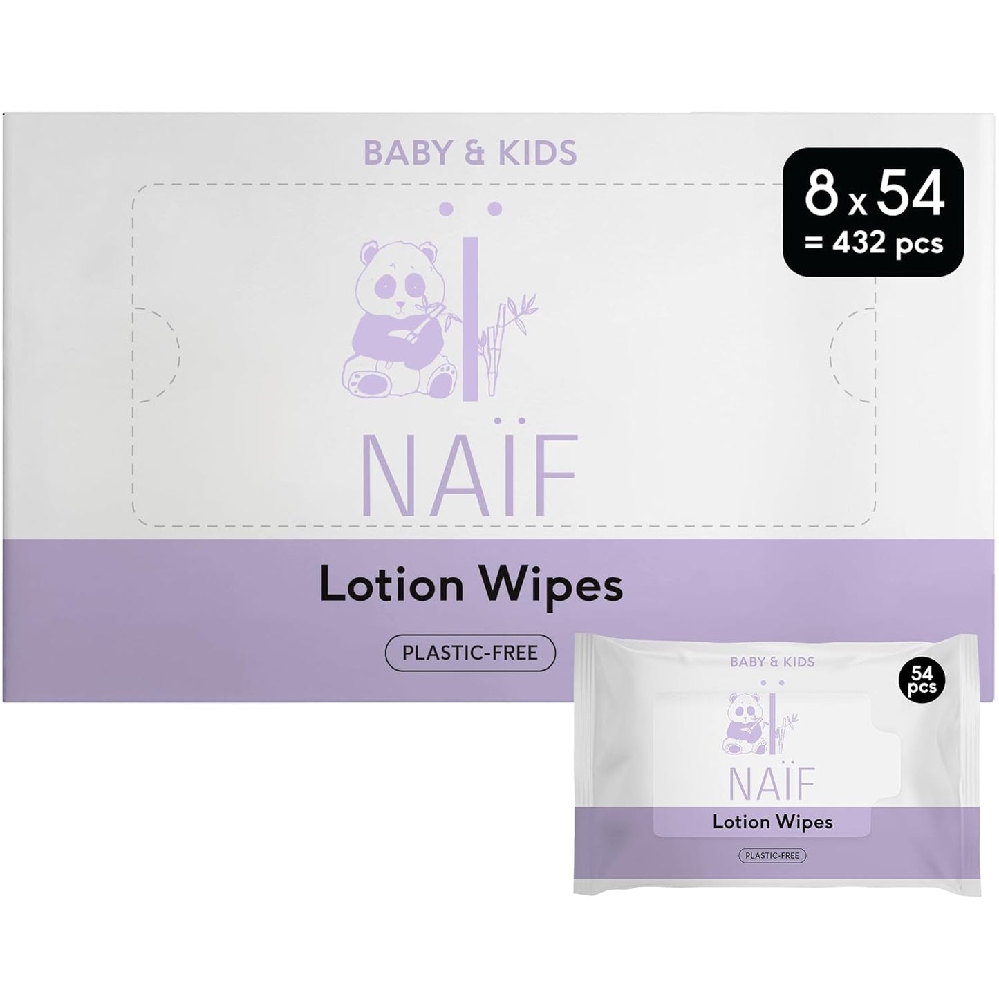 Naïf – Feuchttücher mit plastikfreier Lotion – 1296 Stück (24 Packungen mit 54 Tüchern) – für Babys und Kinder – Po, Körper und Gesicht des Babys – mit Aloe Vera und Bambus – 0 % Duftstoffe und Alkohol