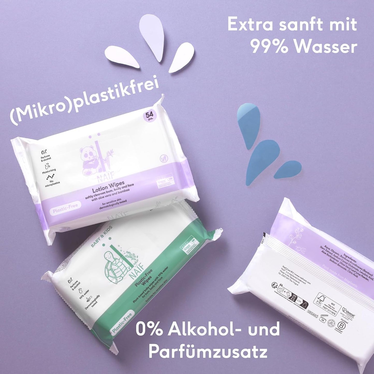 Naïf – Plastikfreie Feuchttücher – 1296 Stück (24 Stück x 54 Feuchttücher) – Babypo-, Körper- und Gesichtspflege – 99 % Wasser – 0 % Duftstoffe und Alkohol