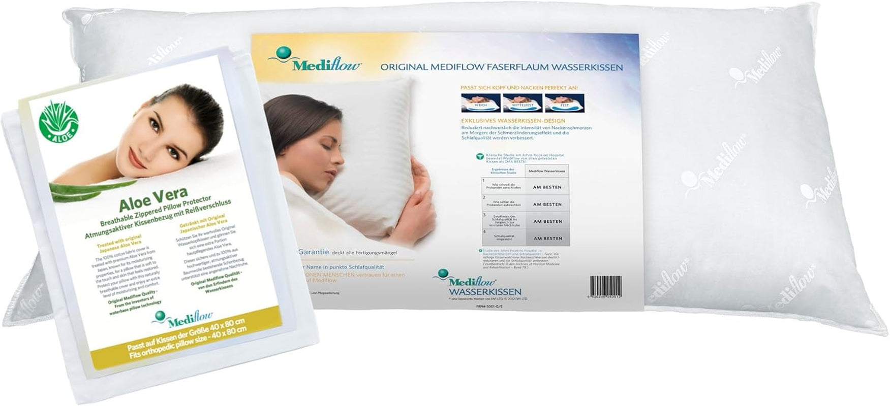 Mediflow 5223 Aloe Vera Action Wasserkissen Orthopädisches Halswirbelsäulen-Stützkissen 40 x 80 cm weiß 1 Stück (1 Packung) Naty Shop Standardkissen Standardtitel