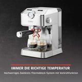 Caso Espresso Gourmet – Siebträger-Espressomaschine aus Edelstahl, leistungsstarke 19-bar-Ulka-Pumpe, mit Milchaufschäumer, für gemahlenen Kaffee oder ESE-Kaffeekapseln, für 2 Tassen, mit Tassenwärmer