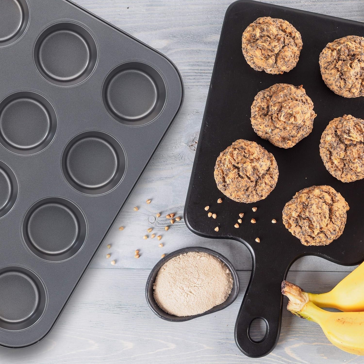Relaxdays Muffinform, 2Er Set, 12Er Muffinbleche, Antihaftbeschichte, Carbonstahl, Muffins & Cupcakes, Ø 6,5 cm, Weizen, 10030825 Formen und Bleche zum Backen Naty Shop
