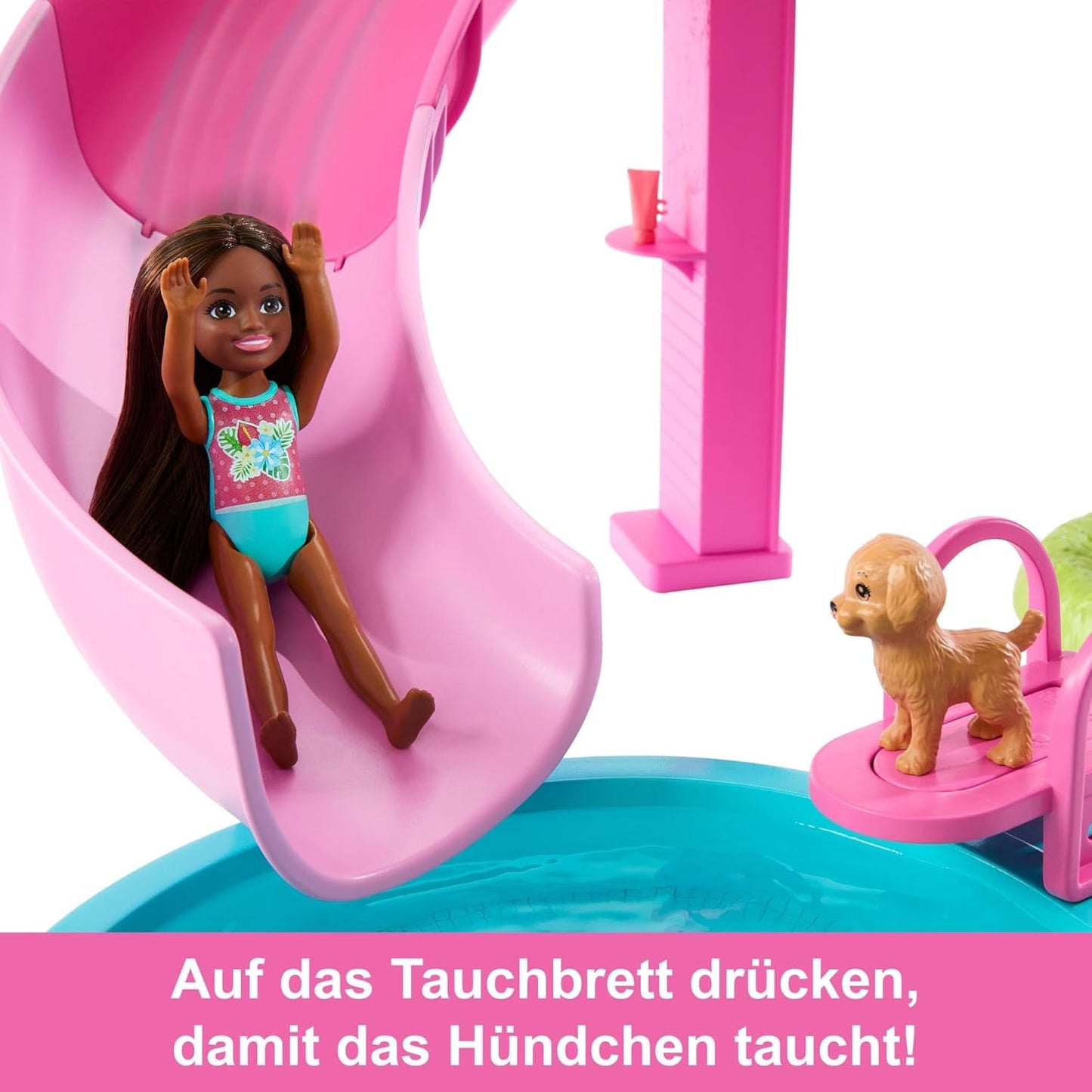 Barbie Dream Pool-Spielset mit sechs Spielbereichen, darunter Rutsche und Whirlpool, sowie über 20 Zubehörteilen wie einem Haustier, Schwimmringen und mehr, JKG83