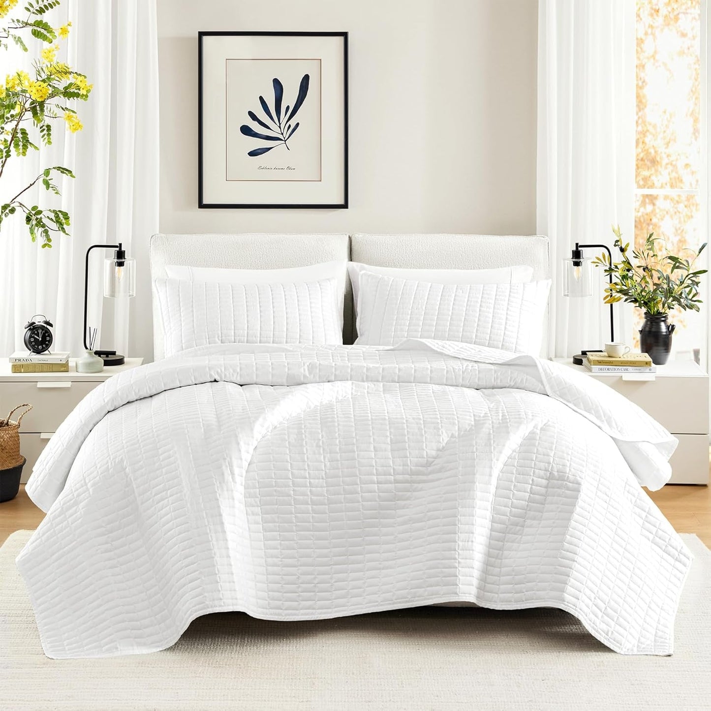 Comfort Spaces Kienna Steppdecken-Set, luxuriöse Doppelnaht, Sommerdecke, leicht, weich, Ganzjahresbettwäsche, passender Kissenbezug, weiß, Decke für Kingsize-Betten (264,2 x 228,6 cm), Naty Shop Quilts & Quilts Garden White/Opulent Quilt King/Cal King (104"X90")