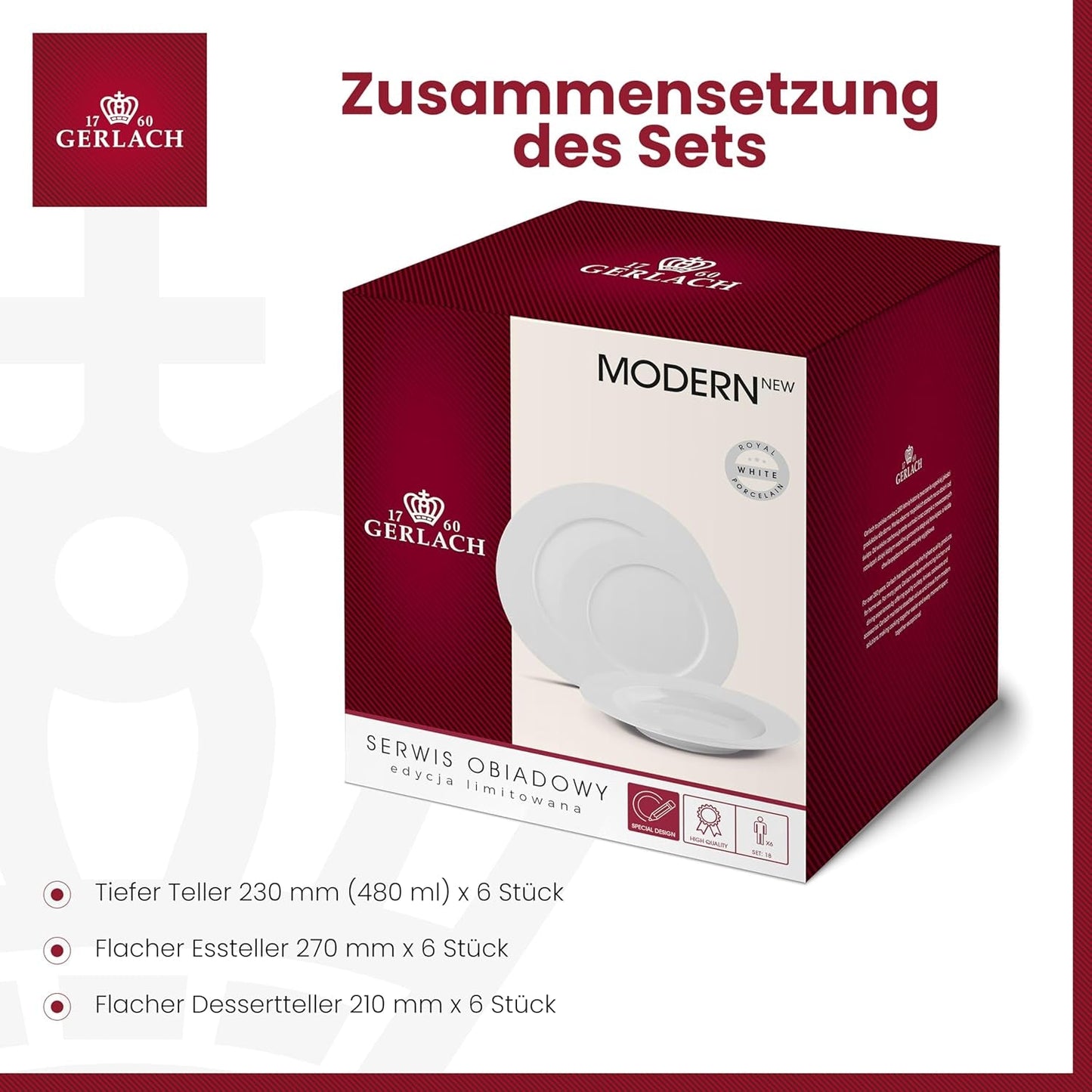 Gerlach 1760 Tafelservice - 18-teilig - Tischservice für 6 Personen - Tellerset - Modernes Porzellan, weiß