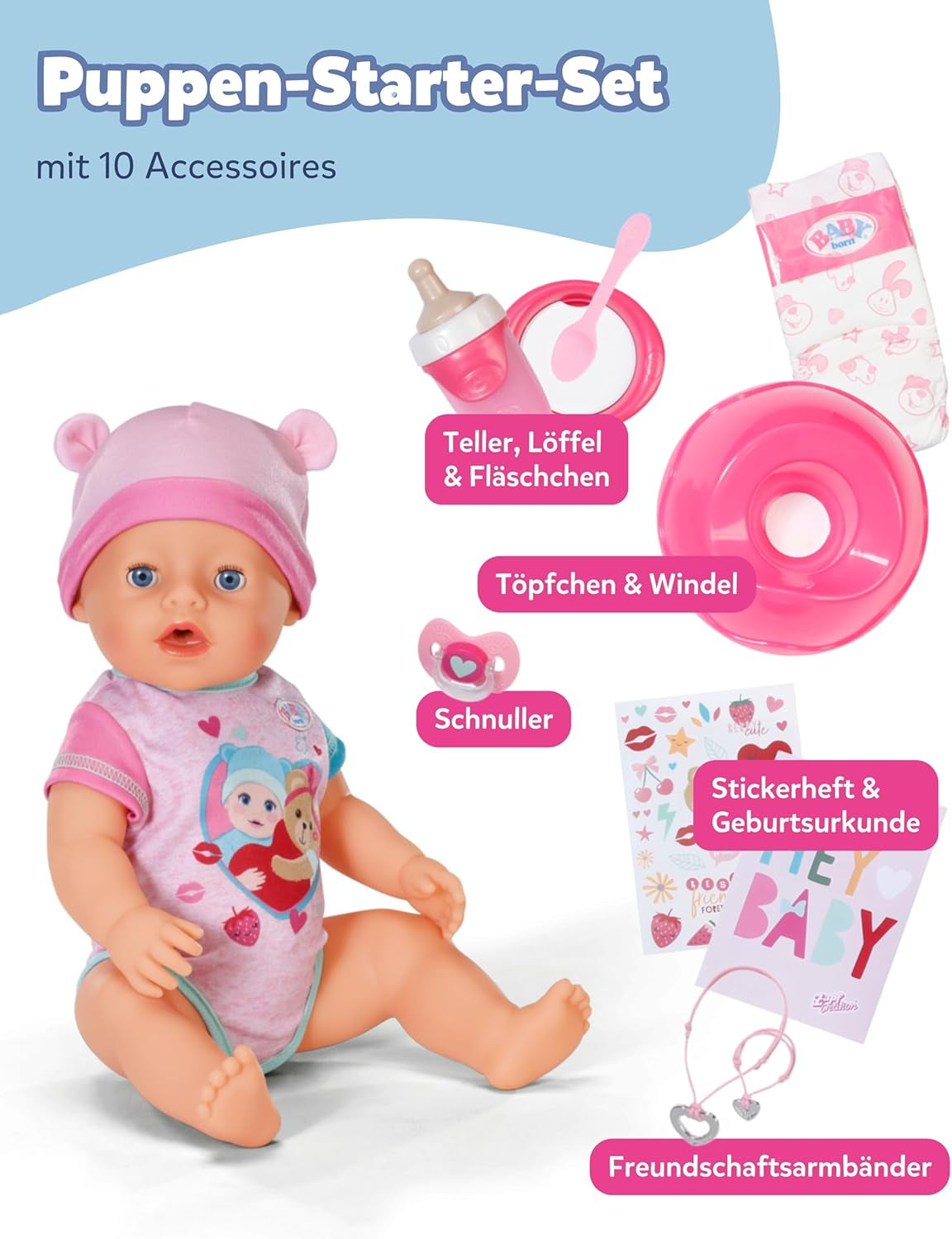 BABY Born Emma – Babypuppe 43 cm – 10 Funktionen inklusive Zubehör und Matratze – Funktioniert komplett ohne Batterien – Geeignet für Kinder ab 3 Jahren