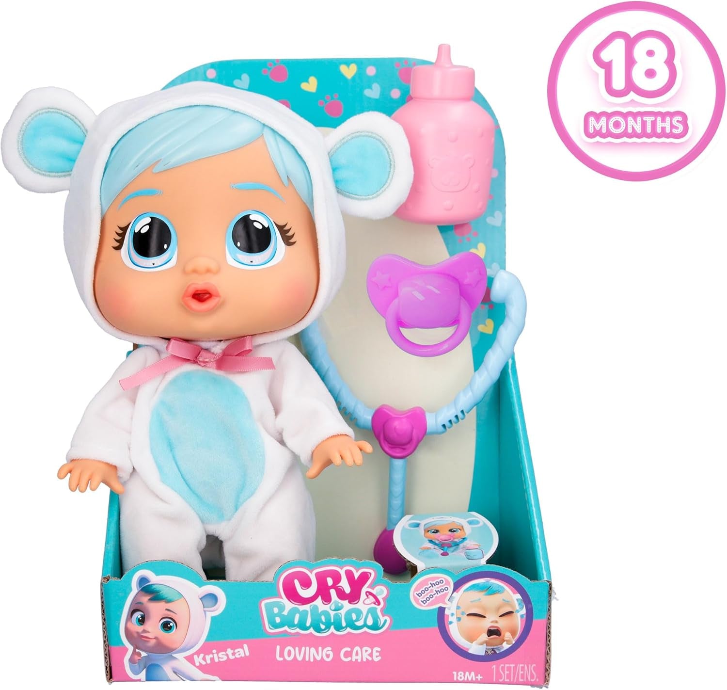Cry Babies Loving Care Kristal Puppe, Kristal Loving Care Babypuppe mit 3 Zubehörteilen für Arztspiele, Pflege, Weinen mit echten Tränen, Spielzeug für 18 Monate alte Babys
