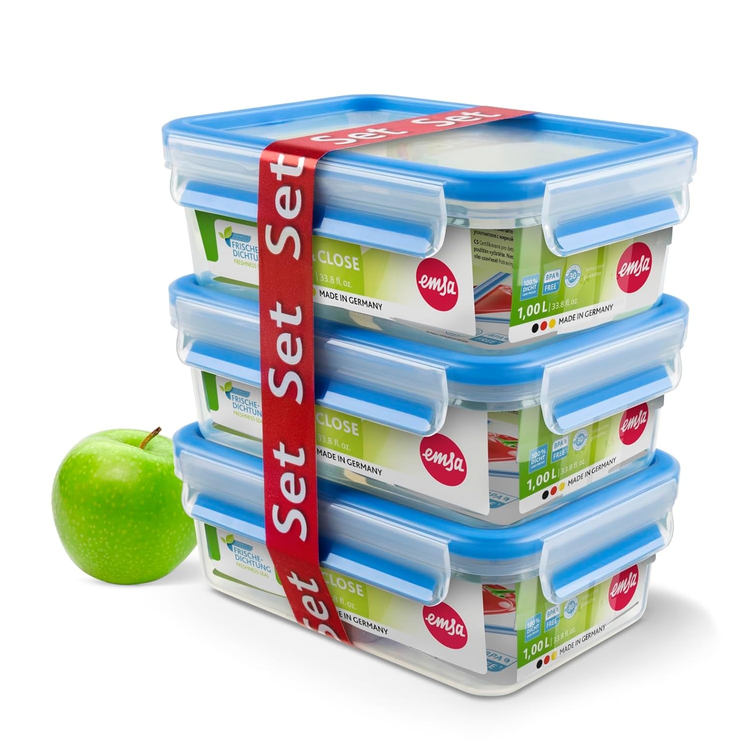 Emsa 508558 Clip & Close Frischhaltedosen | 3-teiliges Set | 3 x 1 Liter | -40 bis +100 Grad | Kunststoff | 100 % versiegelt | Spezialsiegel für Frische Aufbewahrungsboxen für Lebensmittel Naty Shop Standardtitel