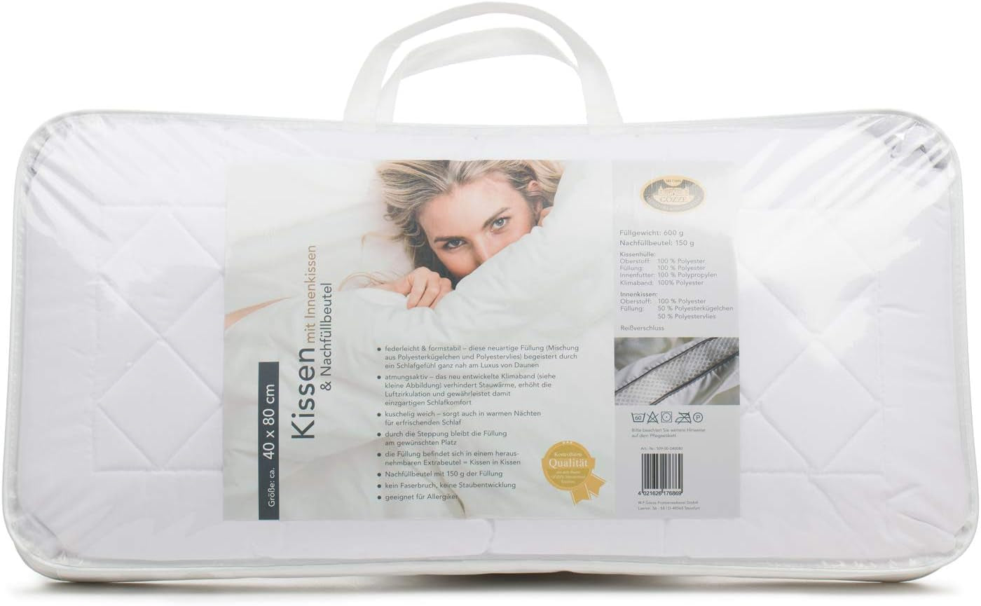 Gözze - Kissen mit Innenkissen 150G und Klimaband, inklusive Nachfüllbeutel, 40 x 80 cm - Weiß Naty Shop Standardkissen