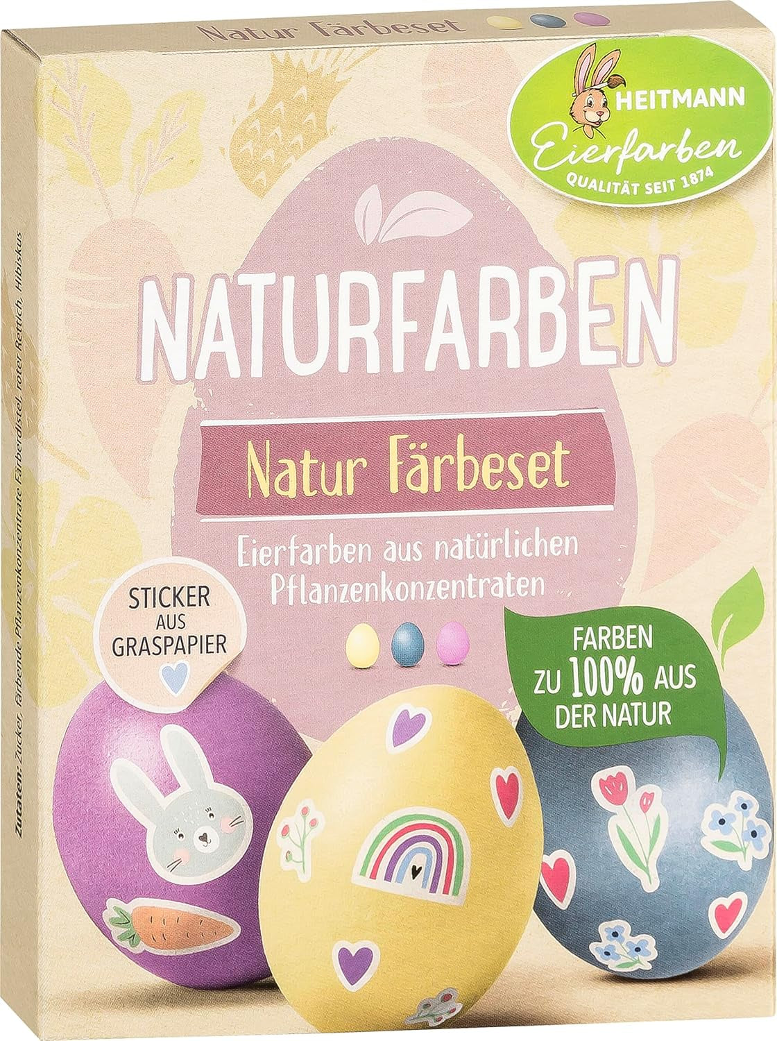 Heitmann Eierfärbe-Naturfarbset, 3 Eierfärbepulver (Gelb, Lila, Graublau), Graspapier-Aufkleberbogen