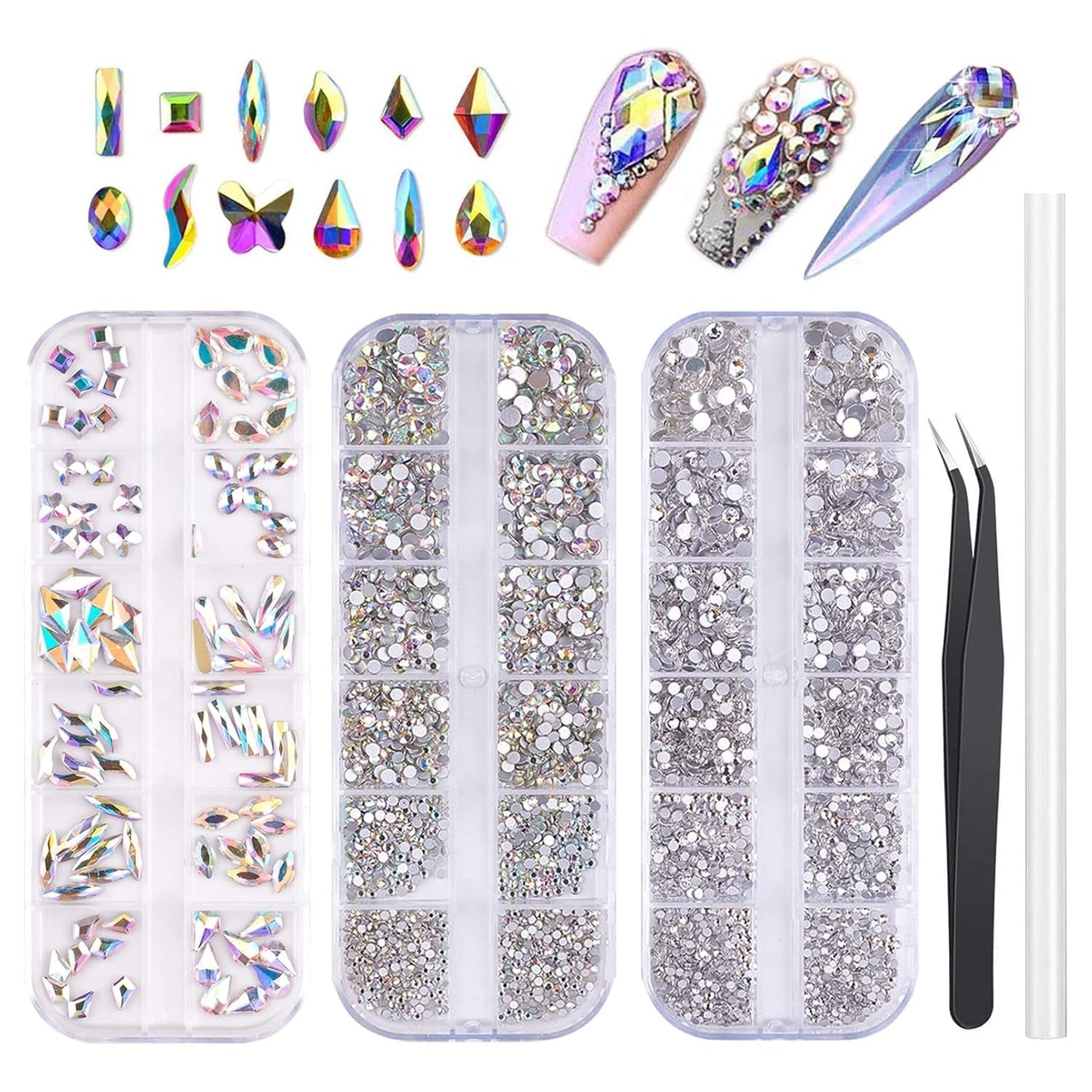 3200 Nagelsteine ​​Set FITDON Mehrförmige Glas-AB-Steine ​​und klare Diamant-Glitzer-AB-Steine ​​für Nagelkunst-Dekoration, DIY-Kits, Schmuck, Schlüsselanhänger, Nagelzubehör
