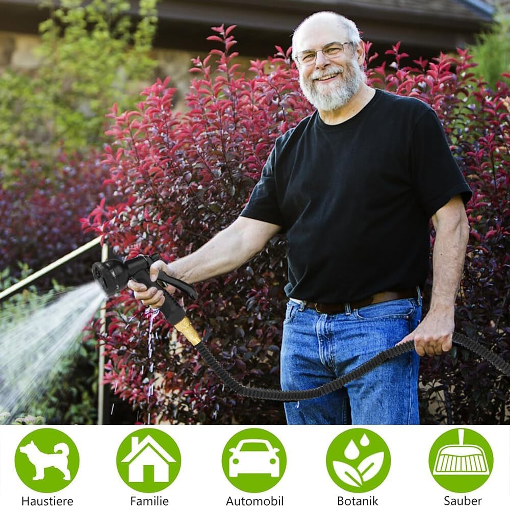 15 m flexibler ausziehbarer Gartenschlauch, flexibler Wasserschlauch mit 8 Sprühfunktionen, 1/2 Zoll bis 3/4 Zoll flexibler Gartenschlauch, für Gartenbewässerung, Autowäsche, Waschen und Bewässern
