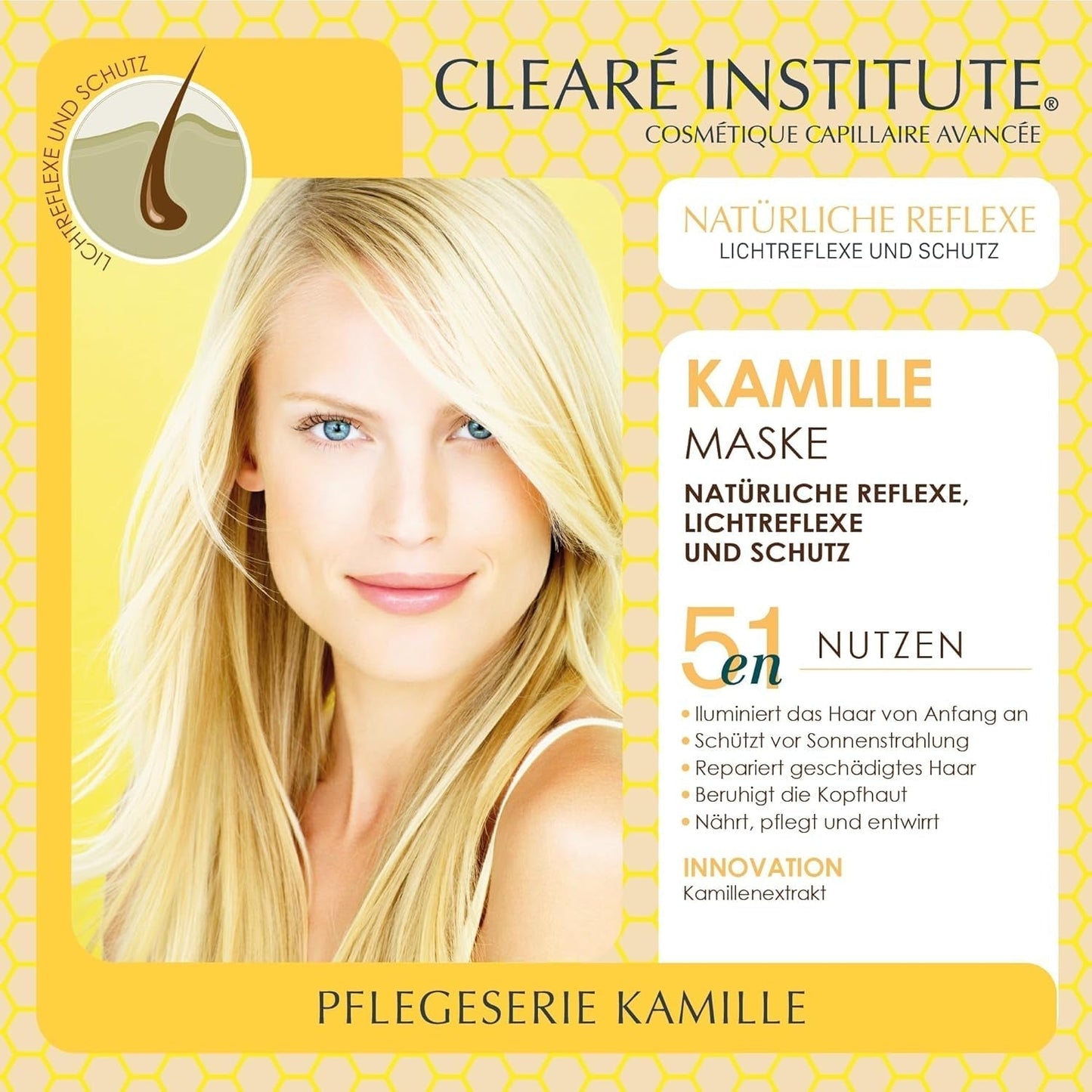 Clearé-Institut | Kamillenmaske | Pflegt, pflegt und entwirrt | Goldener Glanz und Glanz | 97 % natürliche Inhaltsstoffe | Beruhigt die Kopfhaut. Mit Kamillenextrakt | 150 ml Naty Shop Haarmaske