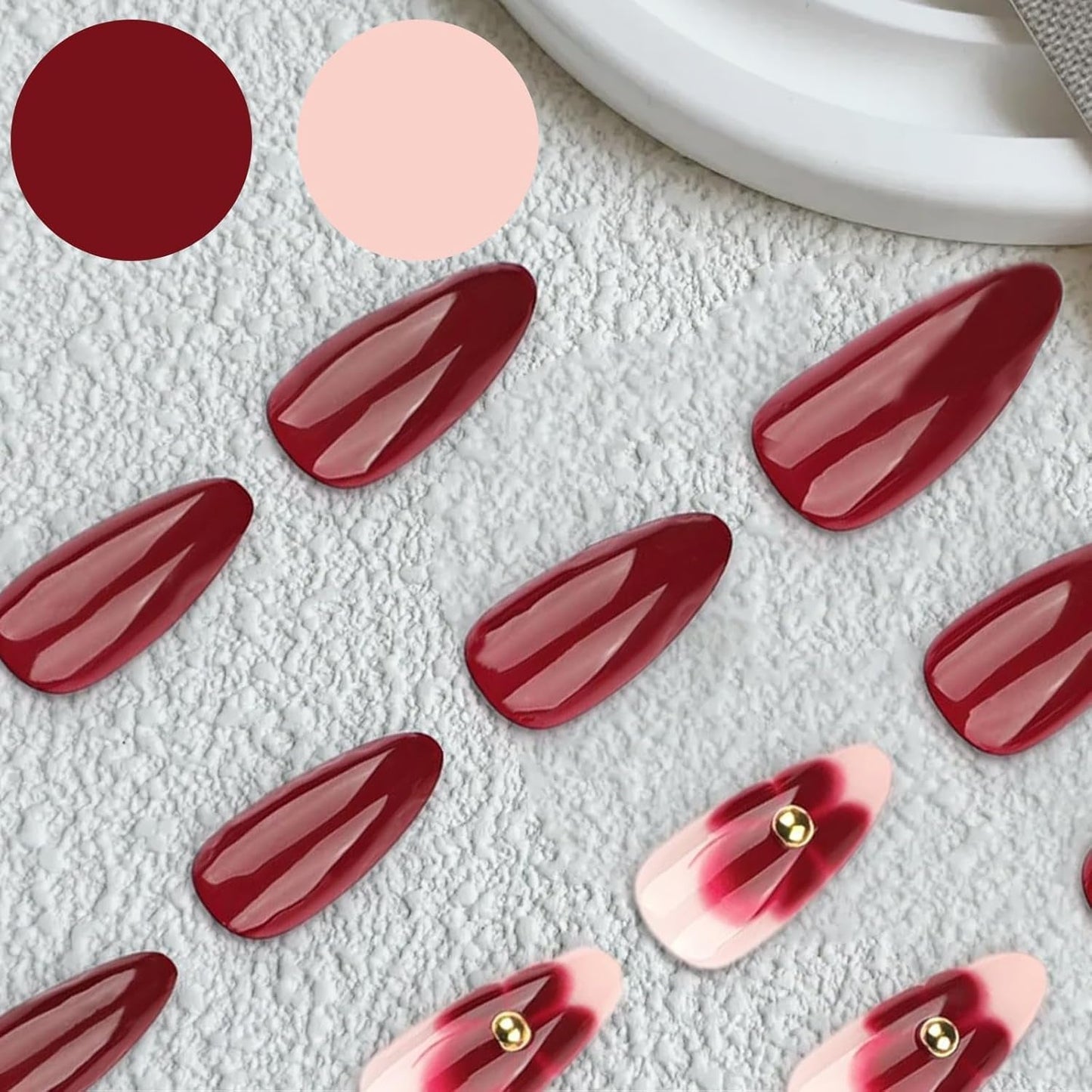 24 burgunderfarbene Blumen mit Diamantrüstung, Nagelpresse, künstliche Nägel aufkleben, Nagelspitzen-Set