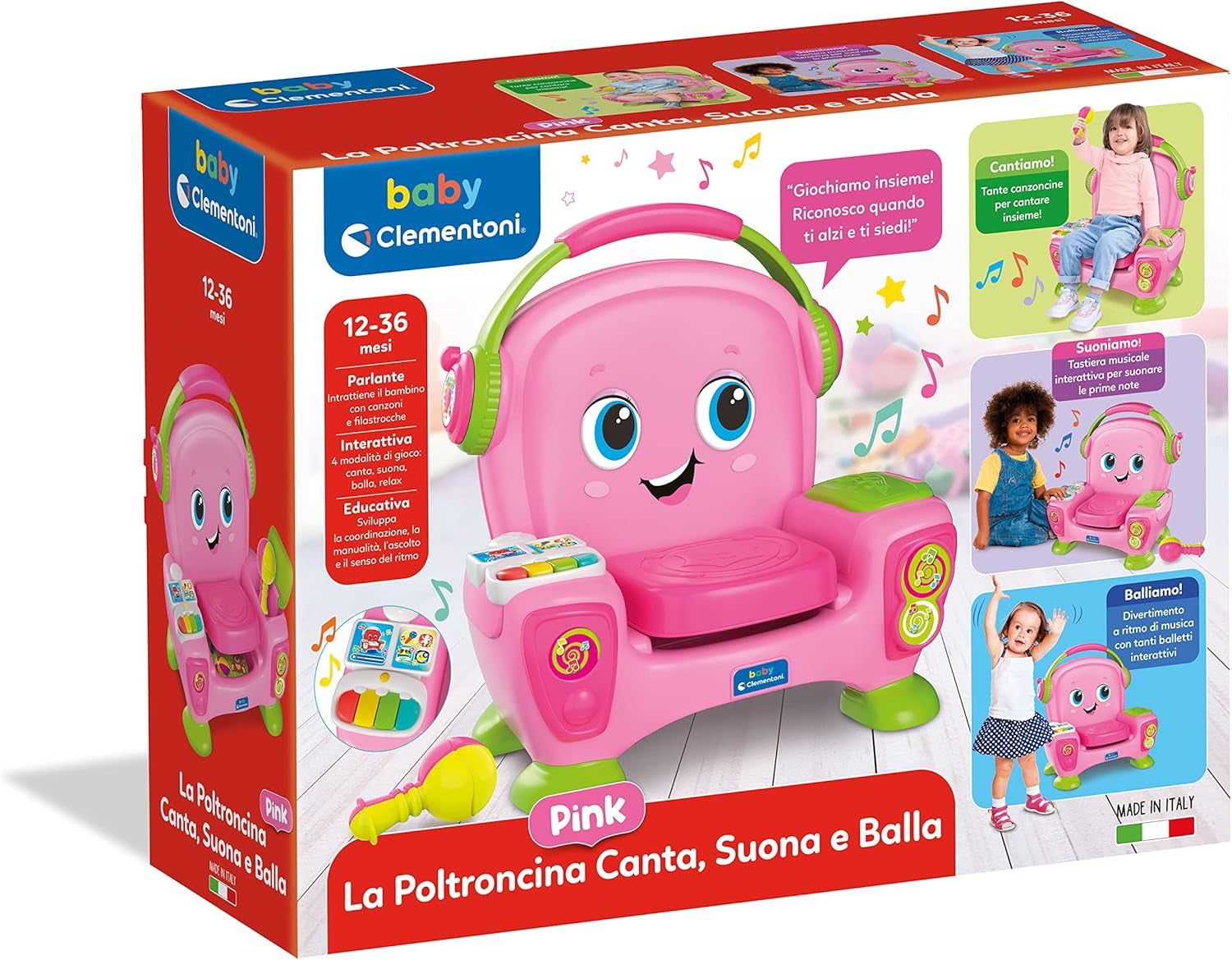Clementoni 17755 Singsessel mit rosa Klang und Tanz – interaktiver und multifunktionaler Sessel für Kinder auf Italienisch, Spielzeug 1 Jahr – Made in Italy, mehrfarbig Toys Bebe Naty Shop