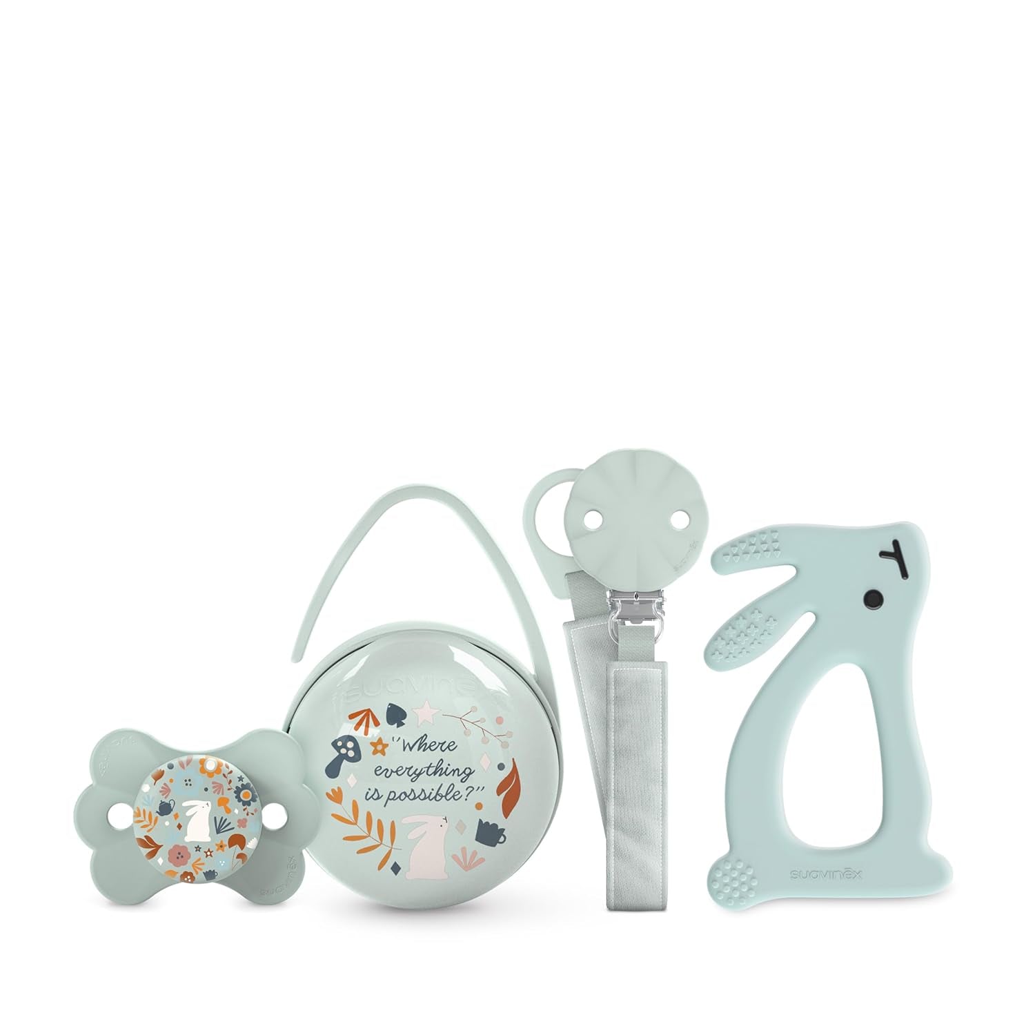 Suavinex-Geschenkset für Neugeborene. 4-teiliges Set bestehend aus: Physiologischer SX Pro-Schnuller für Babys von 0 bis 6 Monaten + Schnullerhalter + Duo-Schnullerhülle + Beißring aus Silikon. Wunderland, beige