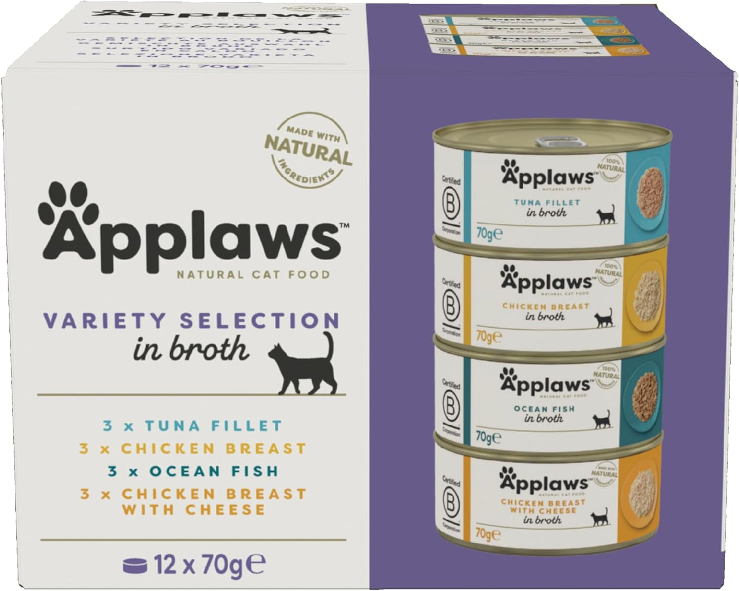 Applaws 100 % natürliches Premium-Nassfutter für ausgewachsene Katzen in Brühe – Thunfisch, Huhn, Meeresfrüchte, gemischte Auswahl in Brühe – Packung mit 12 Dosen x 70 g