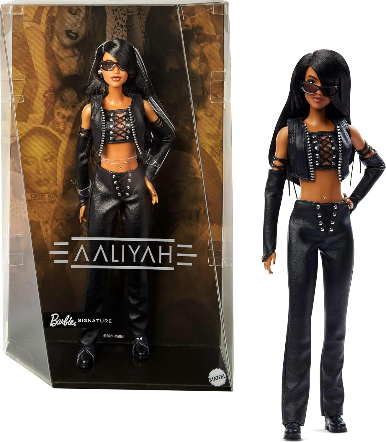 Barbie Signature Doll Aaliyah Sammlerfigur aus schwarzem Kunstleder, inspiriert vom Musikvideo „One in a Million“ HRM80