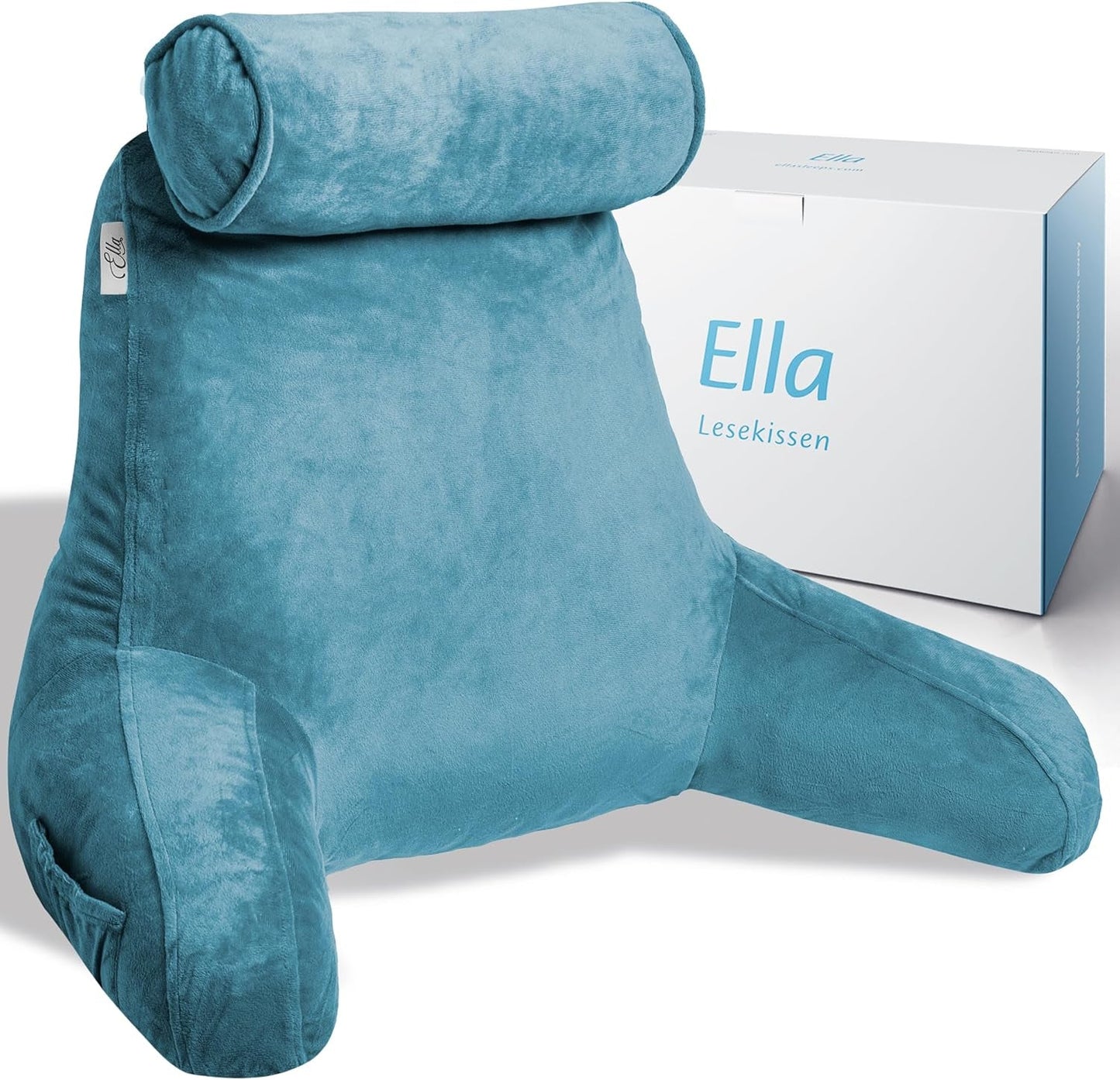 Ella Lesekissen für Bett und Sofa mit abnehmbarer Nackenrolle – Rückenkissen fürs Bett – Lesekissen aus Memory-Schaum mit Armlehnen, ideal zum Lesen, Fernsehen, Entspannen oder als Rückenstütze – Grau