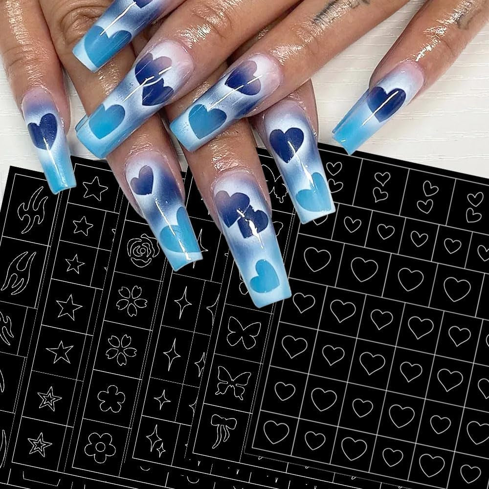 6 Blatt Airbrush-Schablone, Nagelaufkleber, Schmetterling, Flamme, Sterne, Herz, Sterne, Nagelaufkleber, Druckschablone, Werkzeug, Nagelkunst, selbstklebende Aufkleber für Frauen, Nagelkunst-Designaufkleber