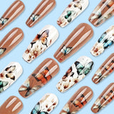 24 Stück lange Nägel zum Aufdrücken, Sarg, künstliche Nägel, Schmetterlingsblume, selbstklebende Nägel, weiß, braun, Acryl-Nagelset, Nagelspitzen, Damen, Frühling, Sommer, Nagelzubehör