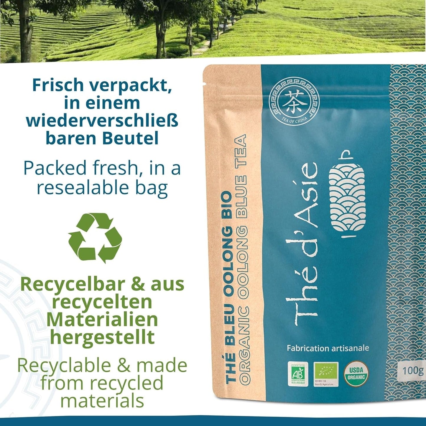 Khla – Bio-Oolong-Tee 100 g – Blauer Tee – natürlicher loser Tee – asiatischer Bio-Tee – lose und geschnitten – Kräuter- und Aufgusstee – aus China
